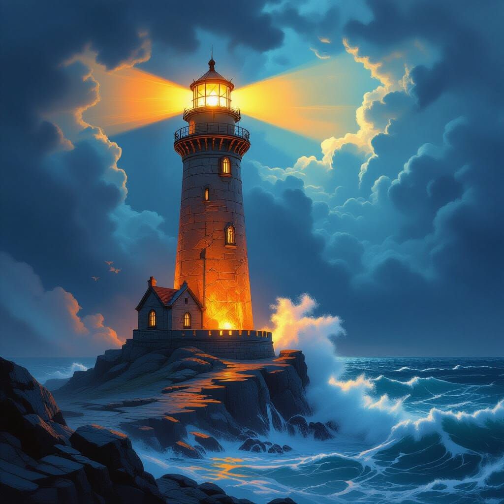 Crystal Lighthouse Overlooking Stormy Sea in Fantasy Style