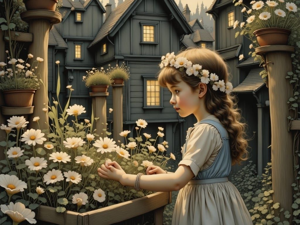 Sunlit Garden Between Dark Houses: Fairytale Scene