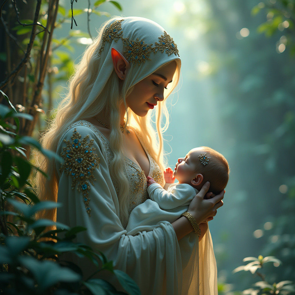 Ethereal Elf Mother and Child in Fantasy Landscape