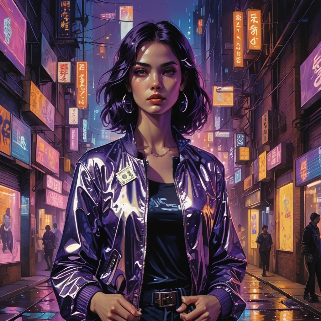 Woman with Dollar Sign Reflections in Neon Cityscape