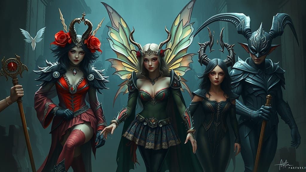 Fairies and Supervillains in Mystical Realm, Digital Art