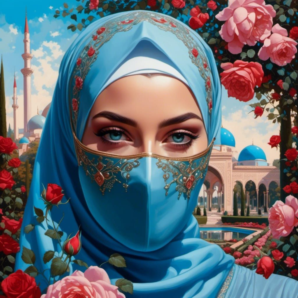 Woman in Hijab and Mask in Rose Garden