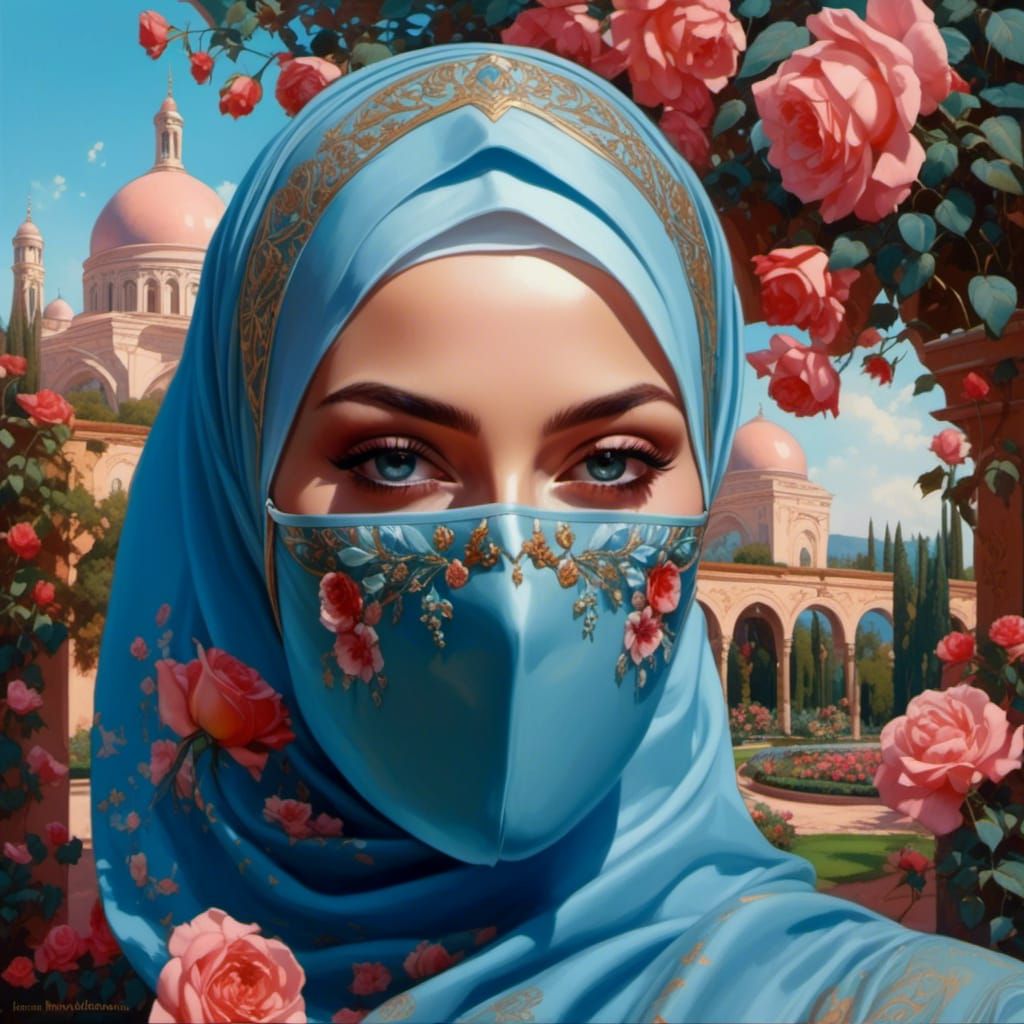 European Woman in Hijab Portrait in Oil Painting Style