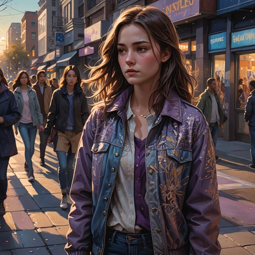 Woman on Sidewalk at Dusk: Fantasy Concept Art
