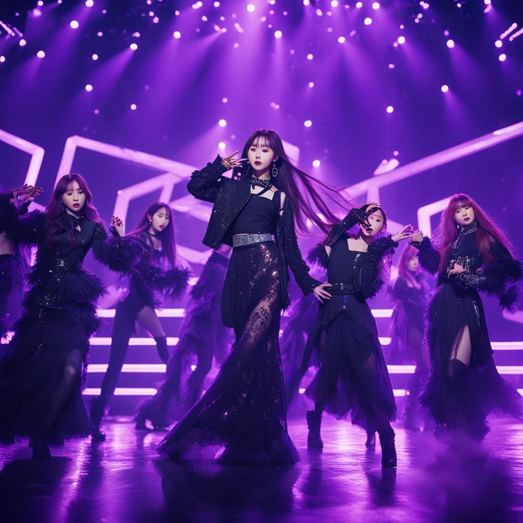 K-Pop Idols on Stage in Purple Light