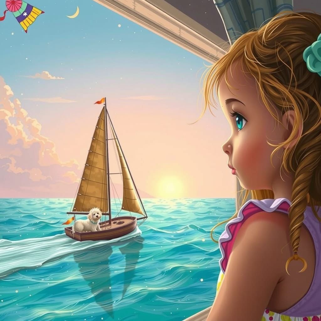 Little Girl Stares at Whimsical Sailboat Scene