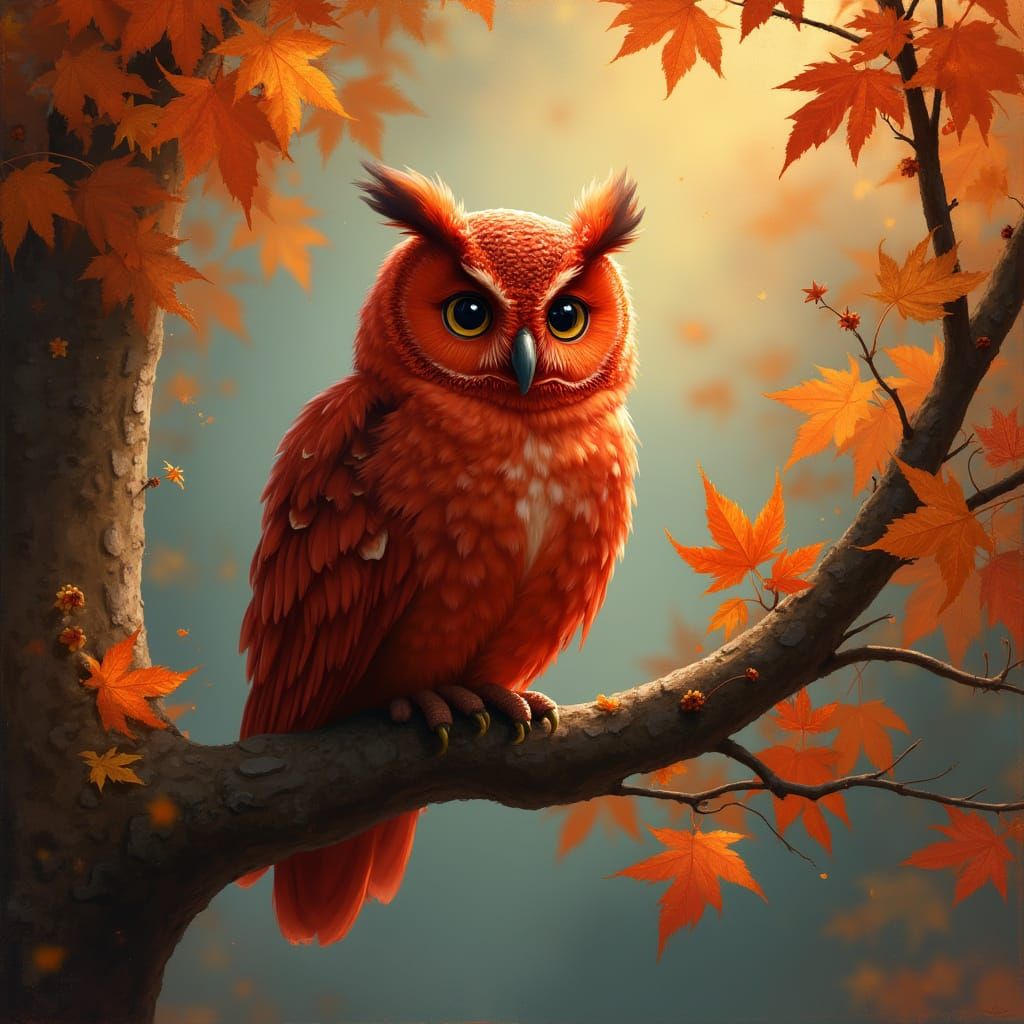 Red Owl in Autumnal Fantasy Art Style
