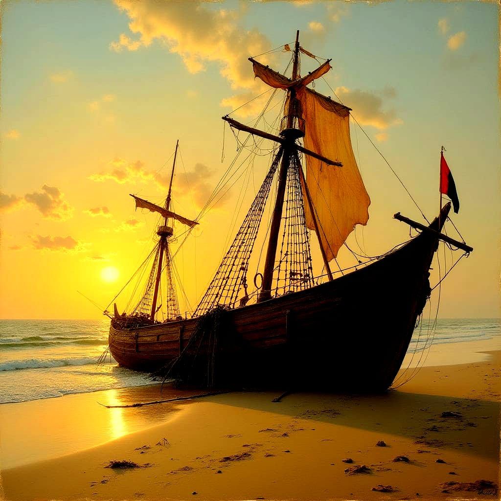 Shipwreck on the Deserted Beach in Oil Painting Style