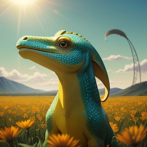 Epic Cinematic Portrait of a Baby Parasaurolophus in Vibrant...