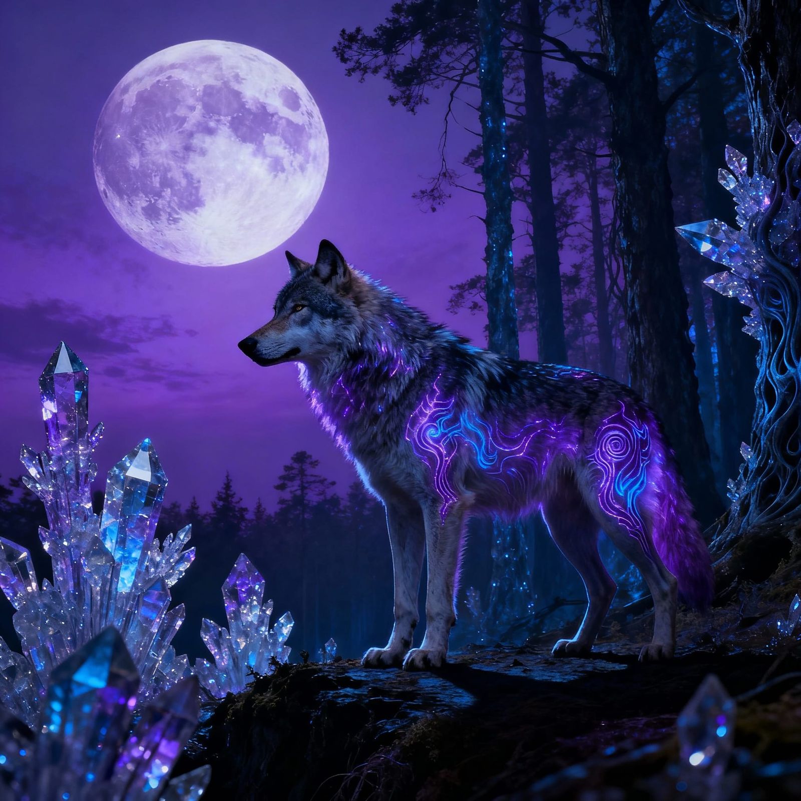 Bioluminescent Wolf in Crystalline Forest Under Moon