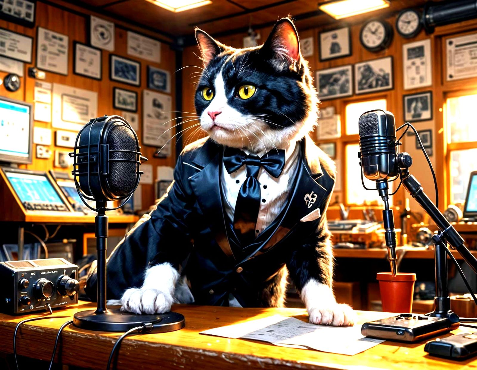 Tuxedo Cat Radio Operator in Anime Style