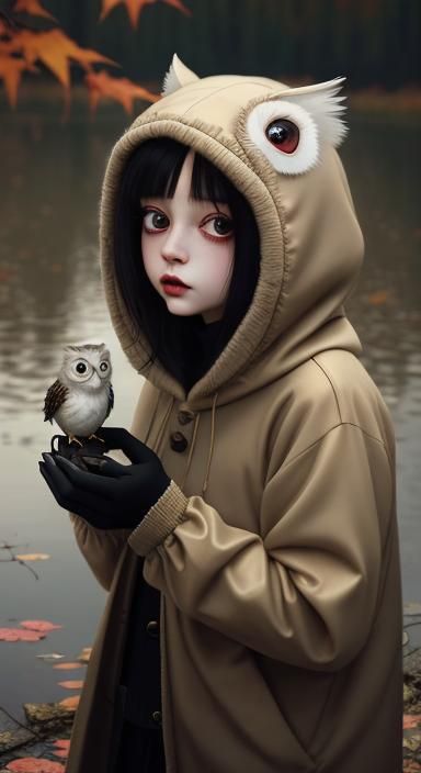 Anthropomorphic Owlet Chimera at Autumn Lake