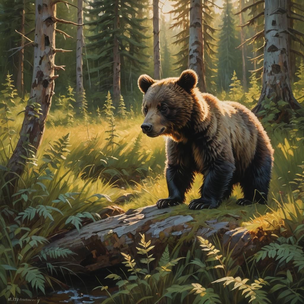 Bear Cub Plays in Alaskan Wilderness as Oil Painting