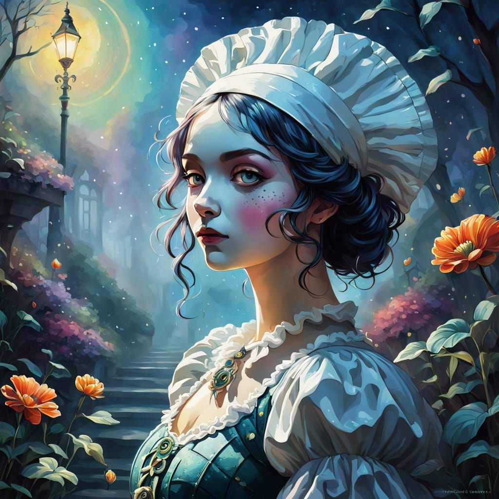 Ethereal Pierrot Fantasy in Gouache and Watercolor Style