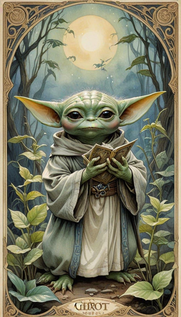 Whimsical Art Nouveau Tarot Card with Baby Yoda and a Lizard