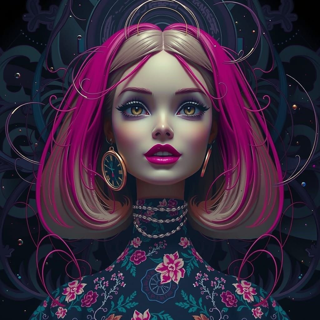 Surreal Barbie in Floral Dress: Digital Art