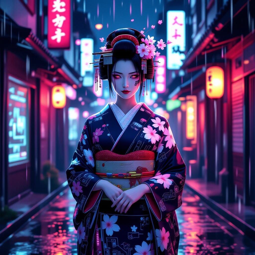 Cyberpunk Geisha in Neon-Lit Alleyway