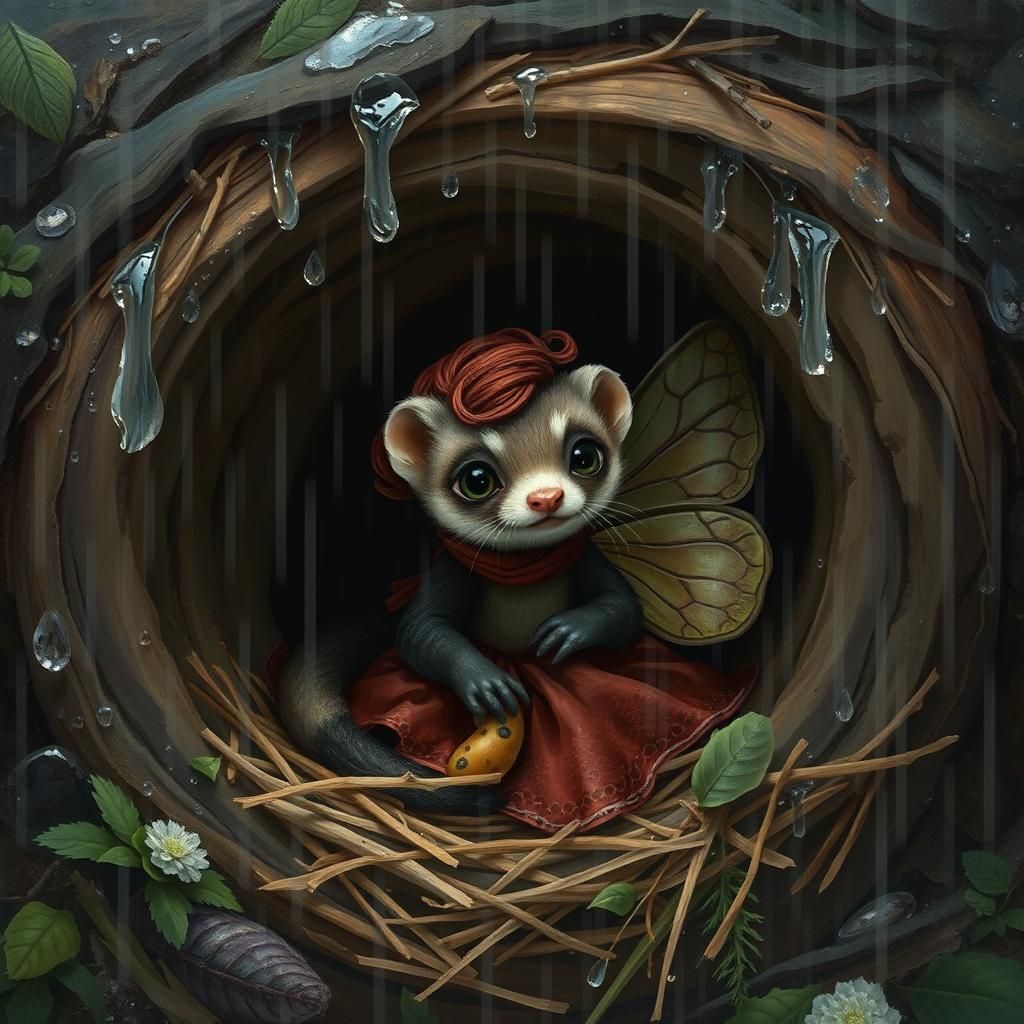 Cozy Ferret Nest with Fairy, Detailed Matte Painting