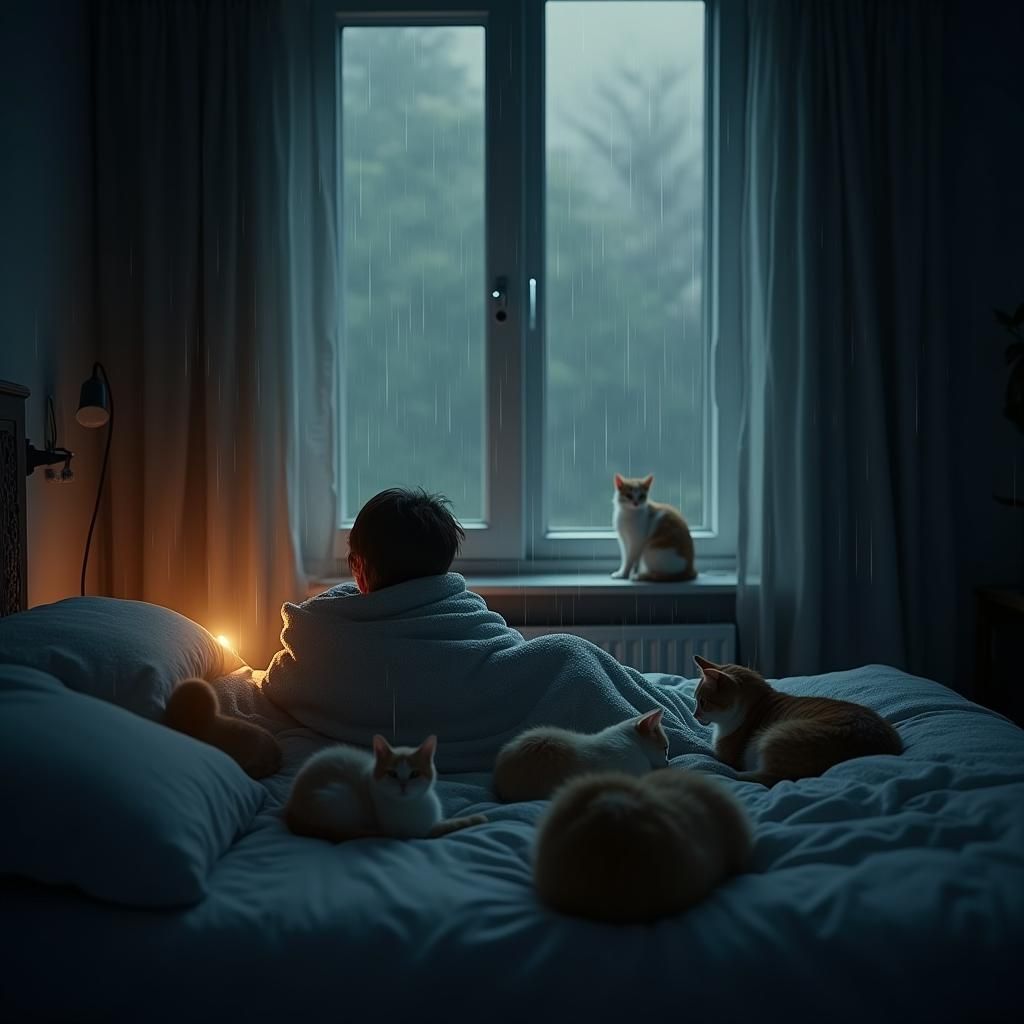 Cozy Rainy Day Snuggled with Cats: Atmospheric Digital Art