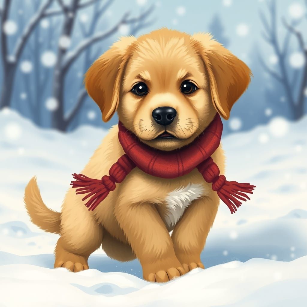 Labrador Puppy Plays in Winter Wonderland