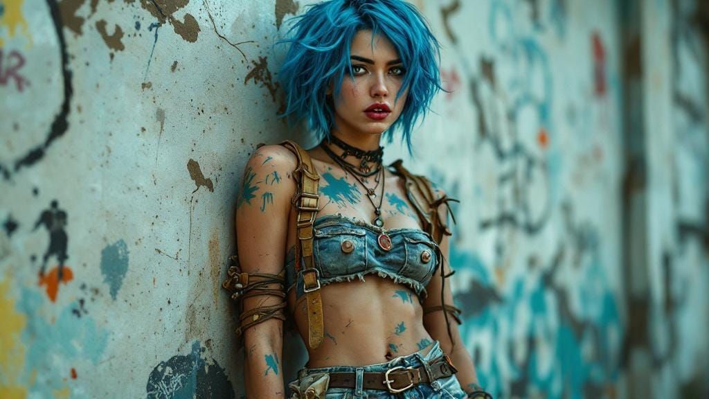 Defiant Blue-Haired Woman in Constructivist Style