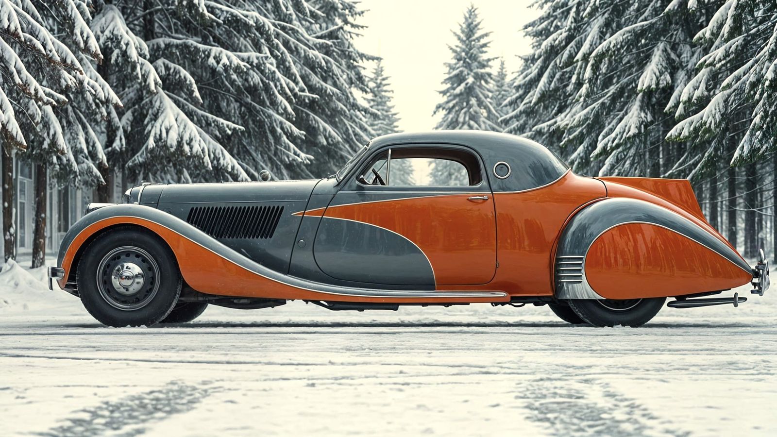 1930s French Aerodynamic Coupe in Winter Light
