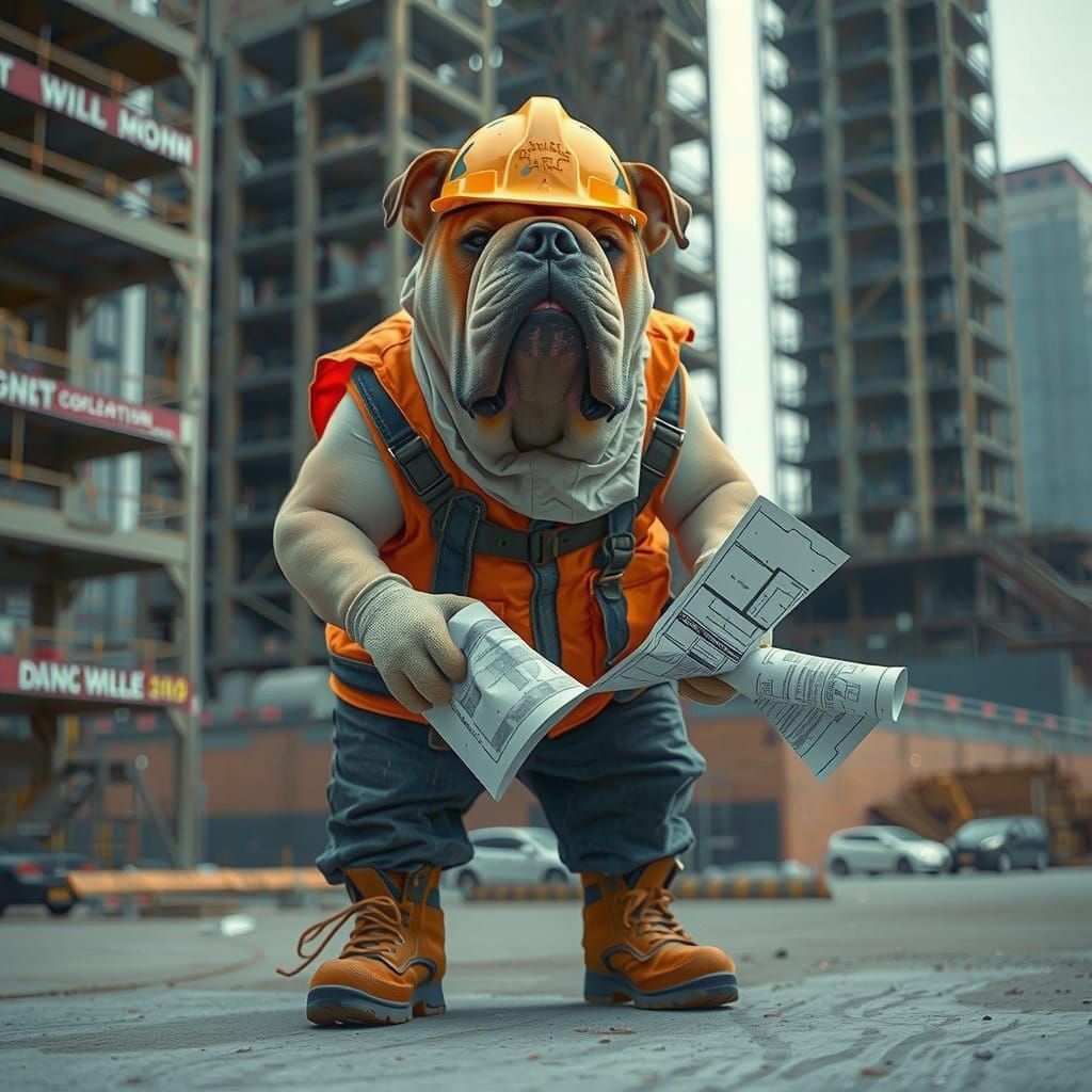 Gritty Bulldog Construction Worker in Cinematic Film Style