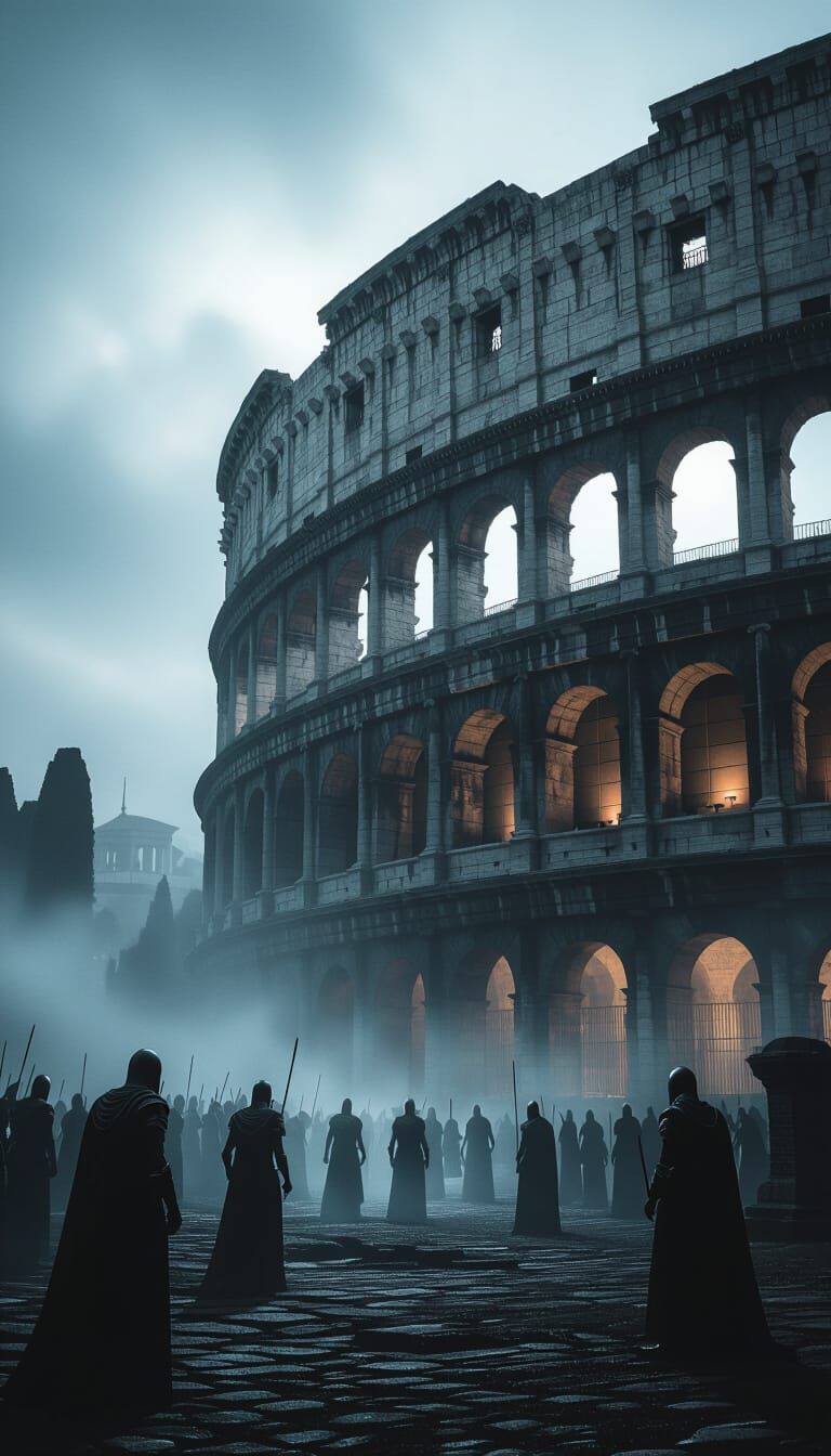 Haunting Colosseum at Night with Ghostly Gladiators