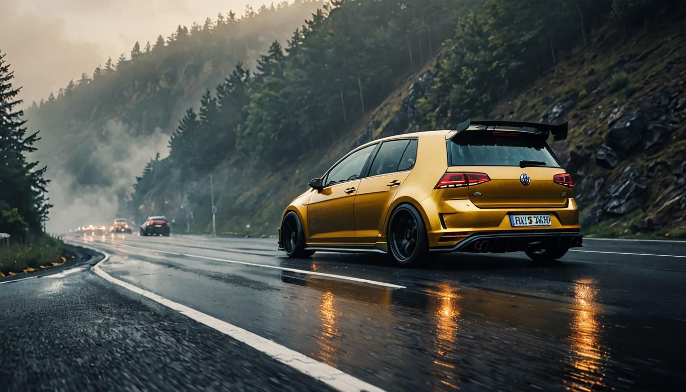 Modified Gold VW Golf 7R Drifting on Highway