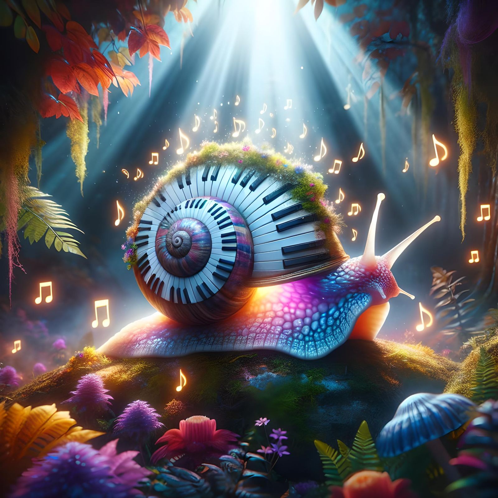 Piano Key Snail Emitting Music in Enchanted Forest