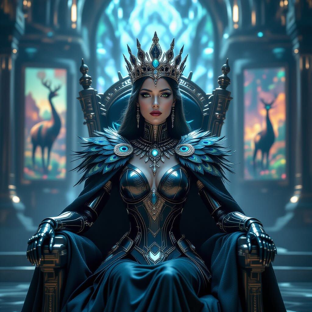 Regal Robot Queen in Obsidian and Peacock Feathers