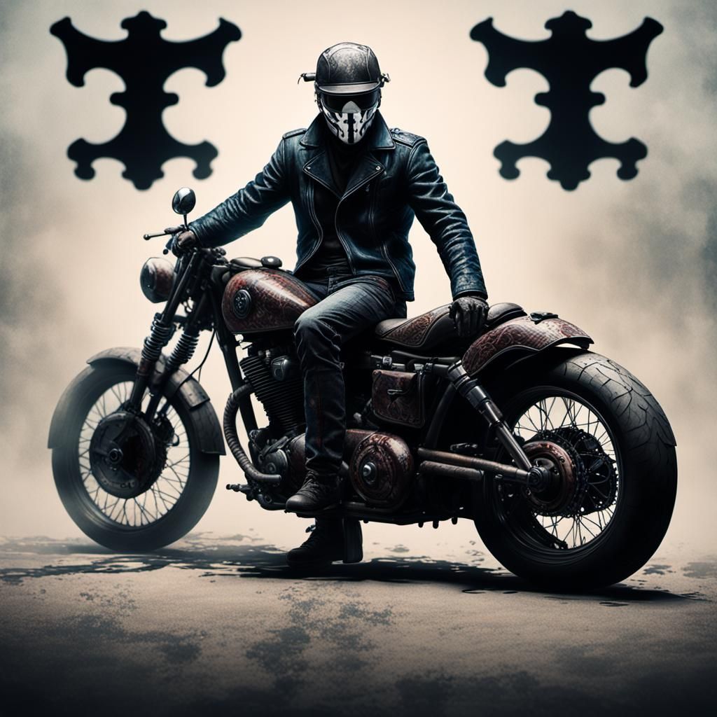 Rorschach Motorcycle Portrait in Dark Fantasy Style