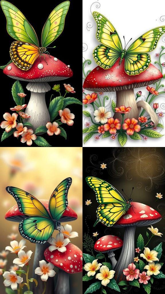 A Vibrant Butterfly Perched on a Colorful Mushroom in a Whim...