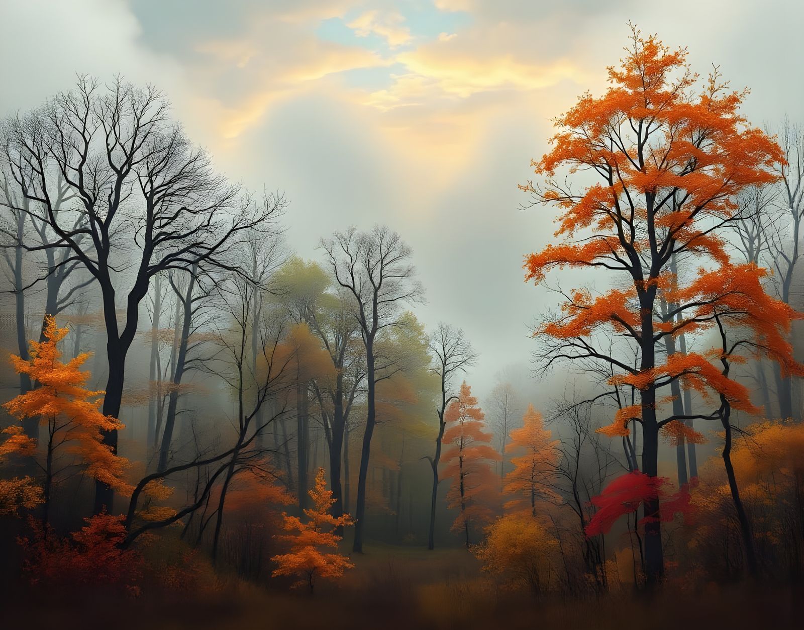 Serene Autumn Forest Landscape with Fog