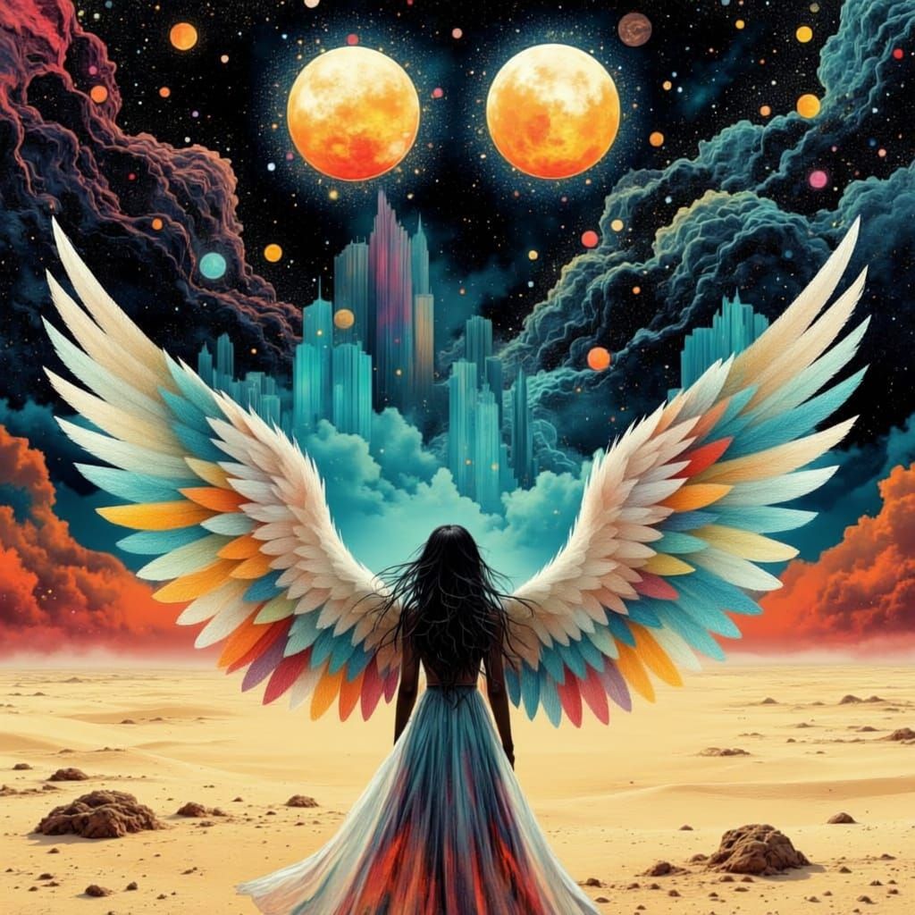 Winged Woman Gazes at Alien Desert Under Twin Suns