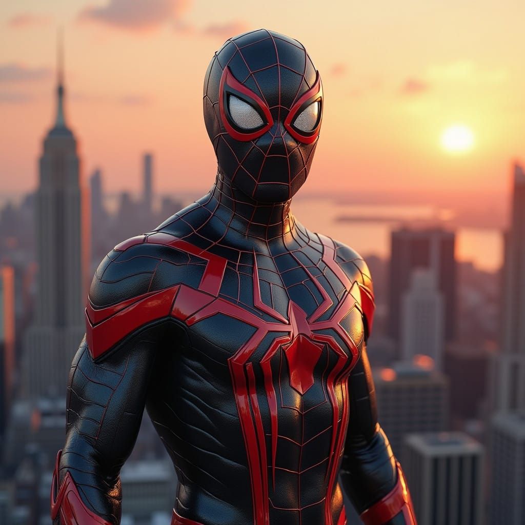 Hyperrealistic Metallic Spiderman in Sunset Cityscape