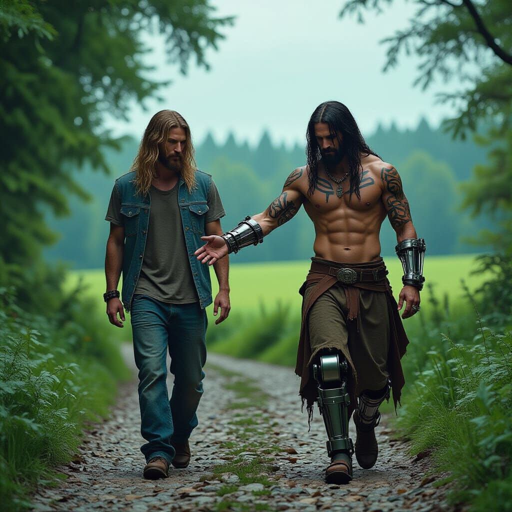 Jesus Walks Beside Man in Withered Forest