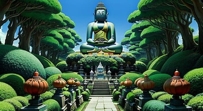 Whimsical Buddhist Landscape in Ghibli-Inspired Art
