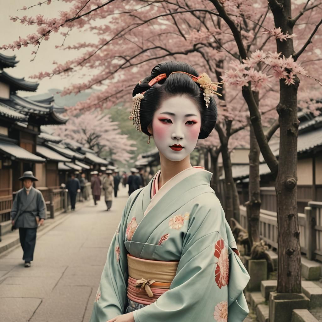 Geisha in 1930s Kyoto with Pastel Colors