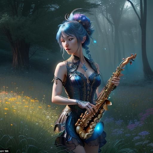 Fairy Saxophonist in Fantasycore Electroluminescent Meadow