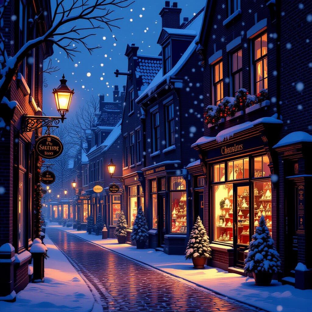 Cozy European Street Scene at Twilight with Snow