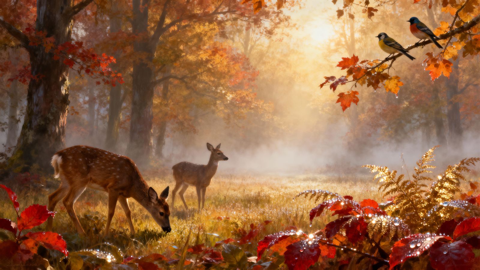 Misty Autumn Forest Glade with Roe Deer at Golden Hour