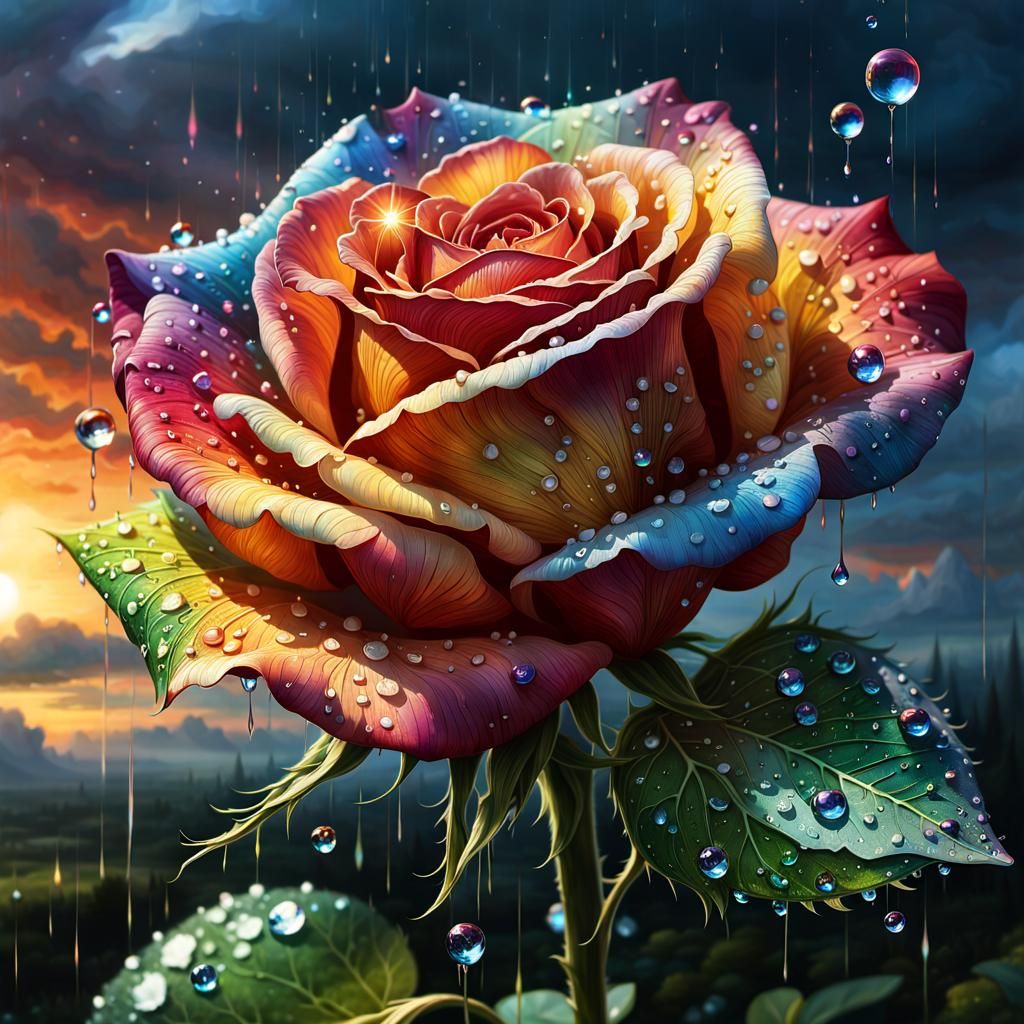 Dew Drop Reflects Sun and Clouds in Hyperreal Detail