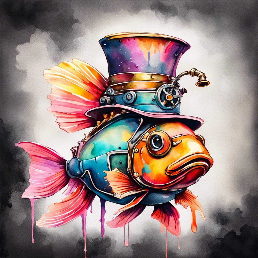 Steampunk Goldfish in Watercolor Graffiti Style