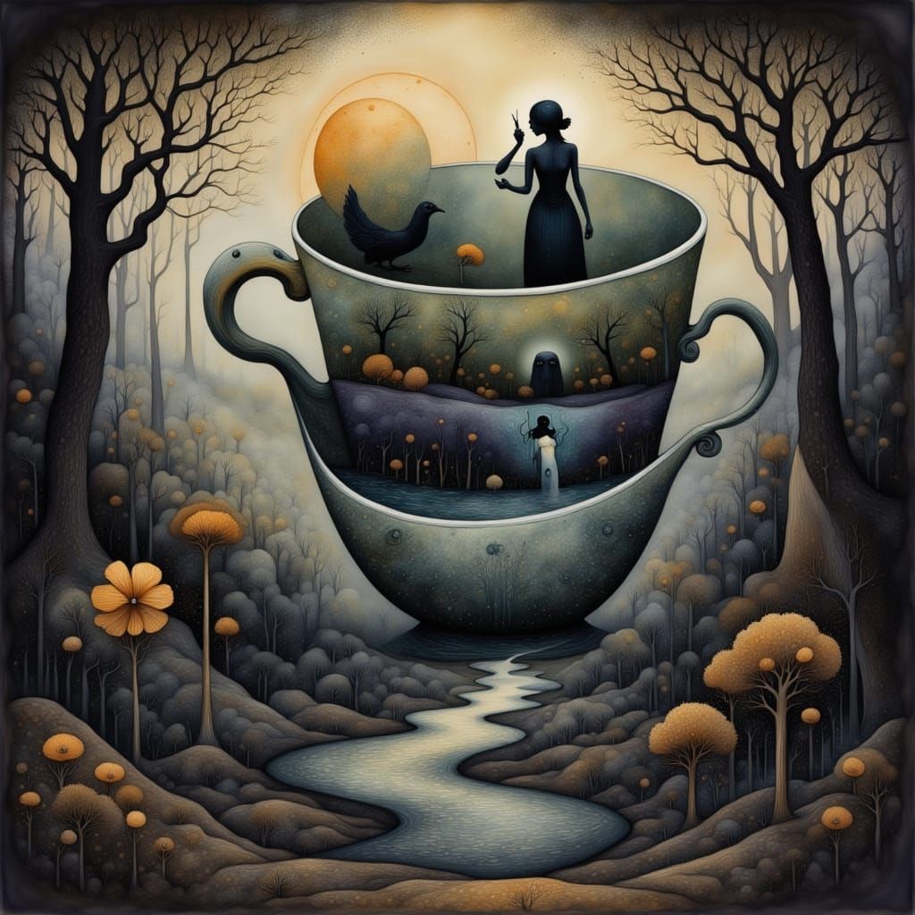 Surreal Teacup Portal to Dark Fantasy Gothic Forest