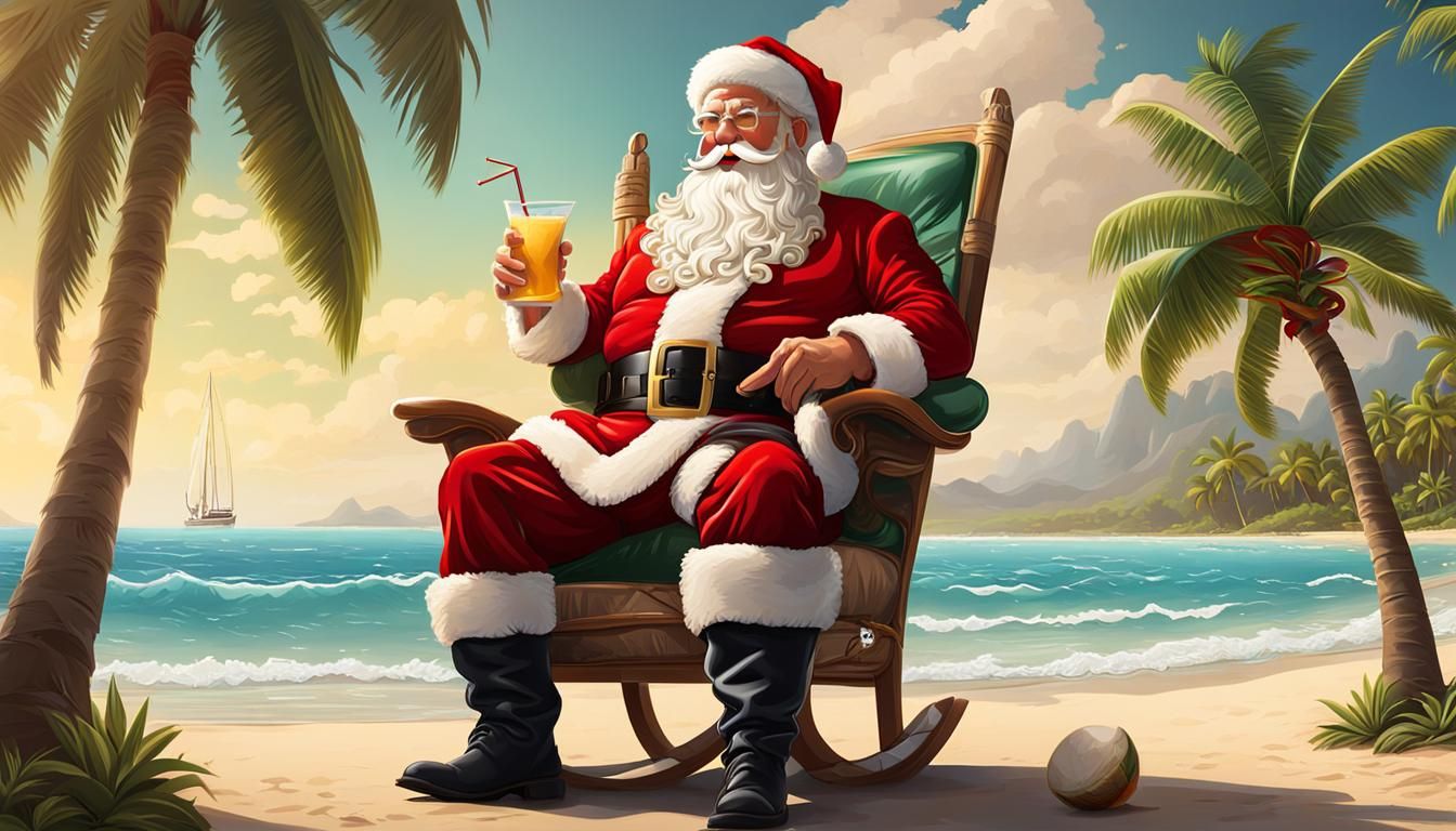 Santa Claus Beach Vacation: Whimsical Digital Illustration