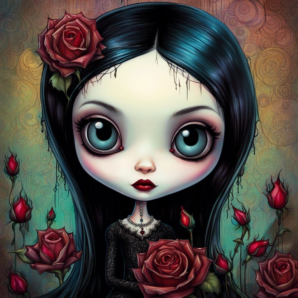 Adorable Gothic Character with Roses Background