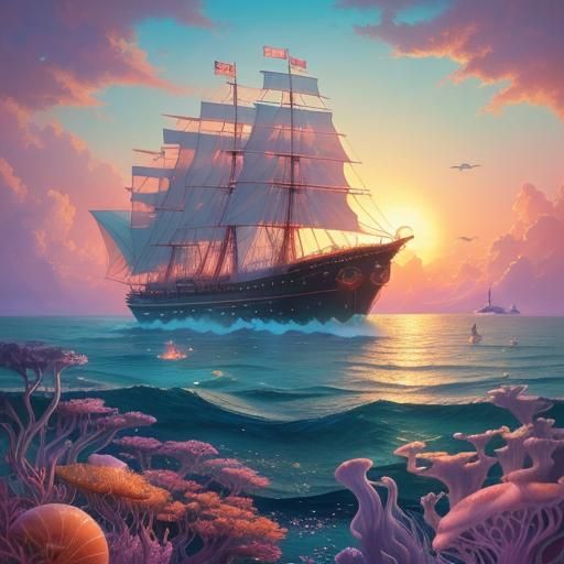 Luxury Ship Submerges in Dreamy Ghibli Ocean