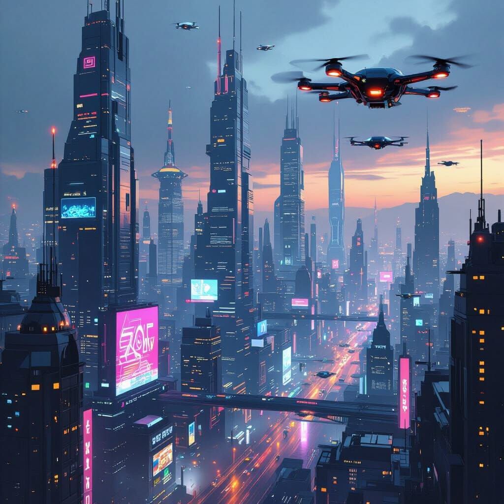 Cyberpunk Cityscape with Neon and Flying Drones