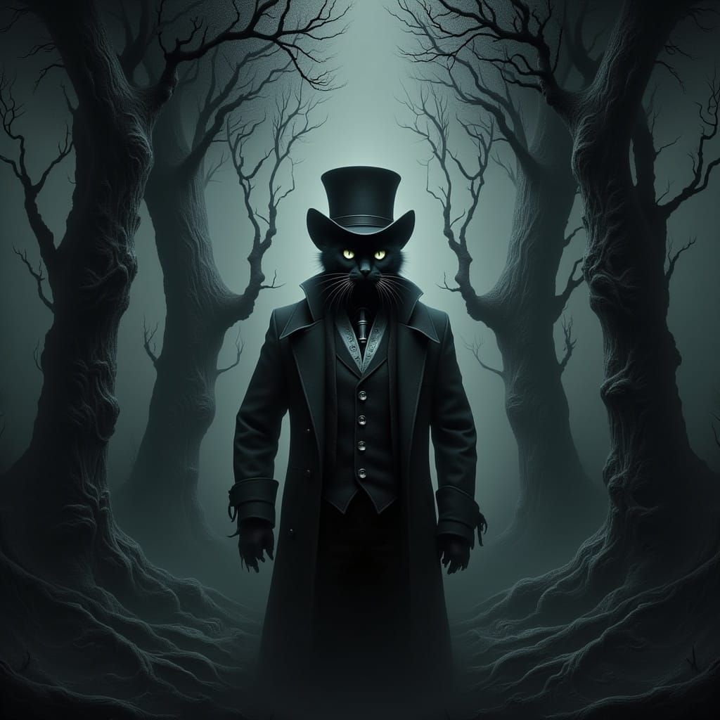 Black Cat Portrait in Eerie Forest Digital Art